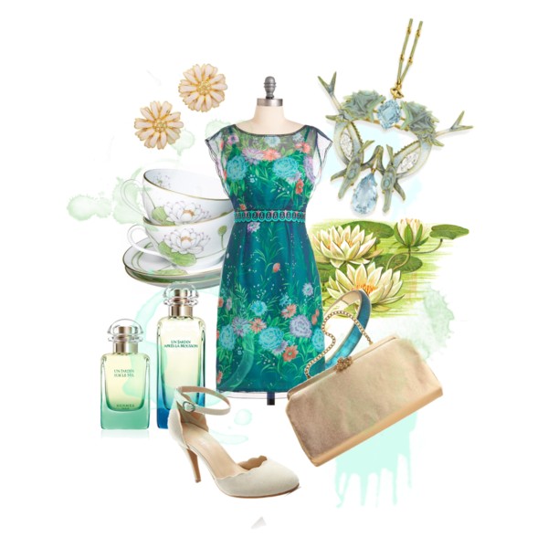 outfit set in watery shades of blue and green with white and gold accents, built around a semi-sheer floral tea-gown from ModCloth; watercolour splashes and water lilies in the background; slight Art Nouveau touches